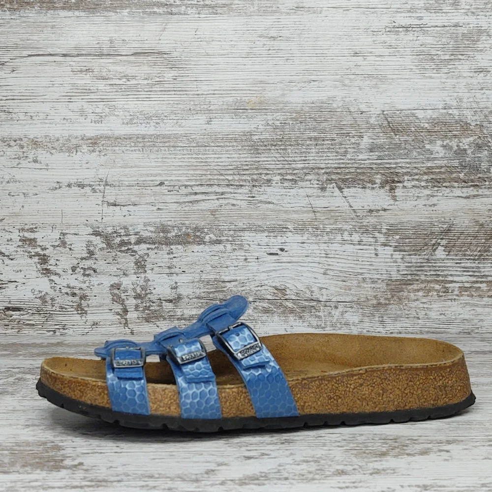 🟦Sz 37 Like New Birkenstock Blue Triple Strap Slide Sandal - Picture 2 of 16
